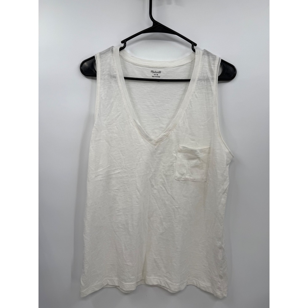 Madewell Medium Tank Top Womens White Slub Cotton V-Neck Pocket Sleeveless Tee